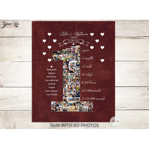 1st Anniversary, Number '1' with 'Hanging Hearts' Photo Collage