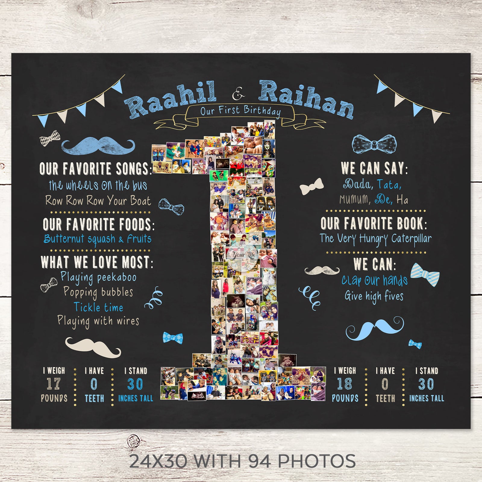 Twins 1st Birthday Photo Collage - Mustache and Bowties Party