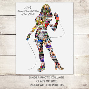 A collage of various images depicting a person, likely a student, with the text "Singer Photo Collage Class of 2026 24x30 with 60 photos"