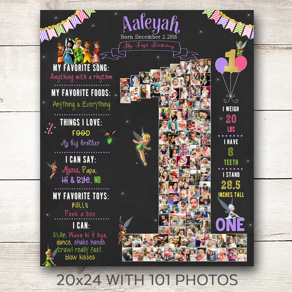 Fairies 1st birthday photo collage featuring custom milestone board for Aaleyah with 101 edited photos celebrating her milestones.