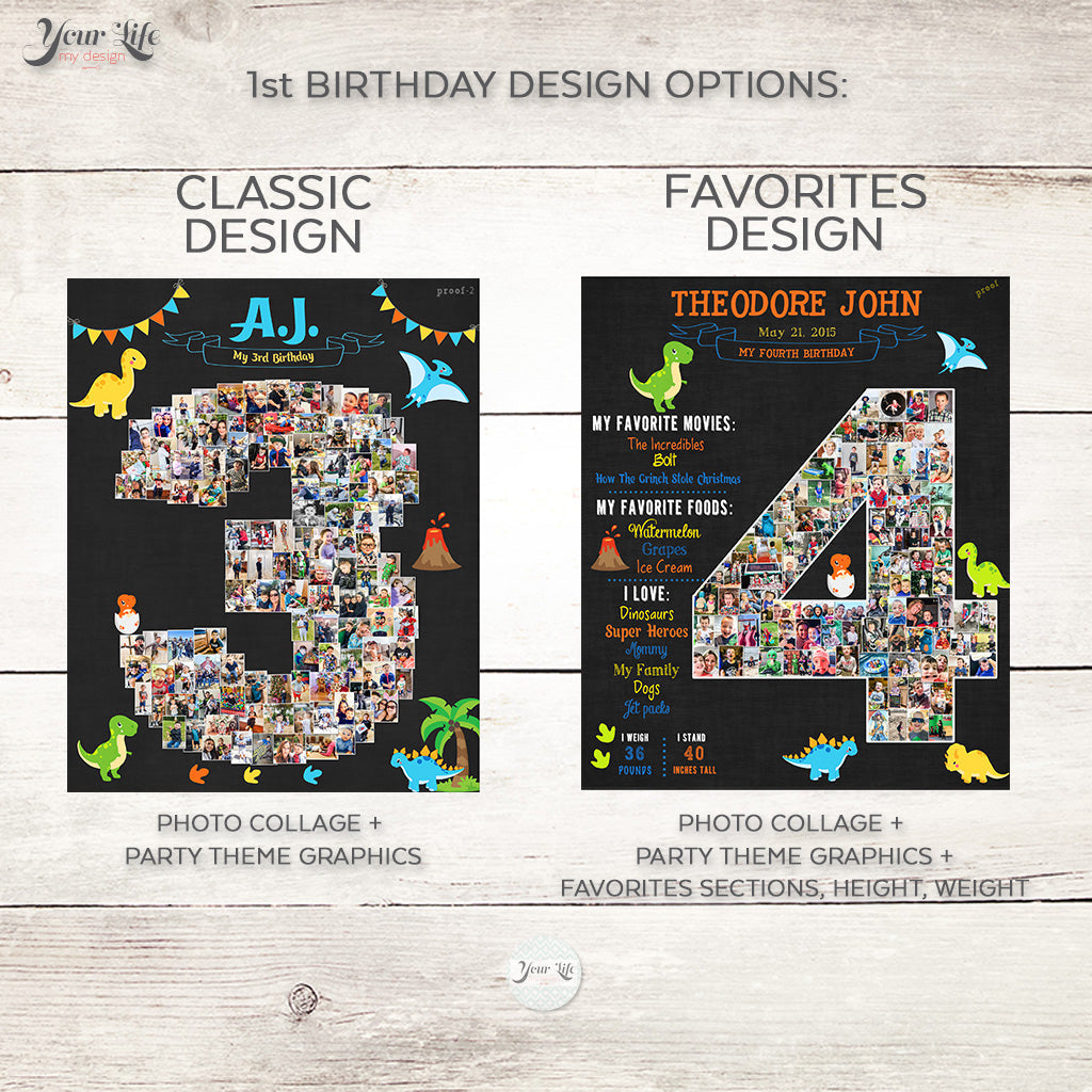 two different birthday design options for a child named Theodore John. The first design is a classic design featuring a photo collage with various images, while the second design is a favorites design with a photo collage and party theme graphics.