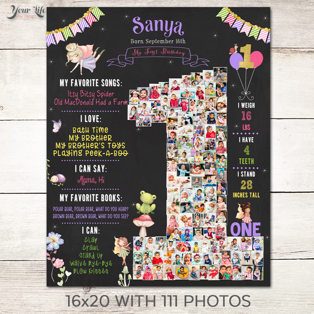 Fairies 1st birthday photo collage and milestone board for baby girl party decor