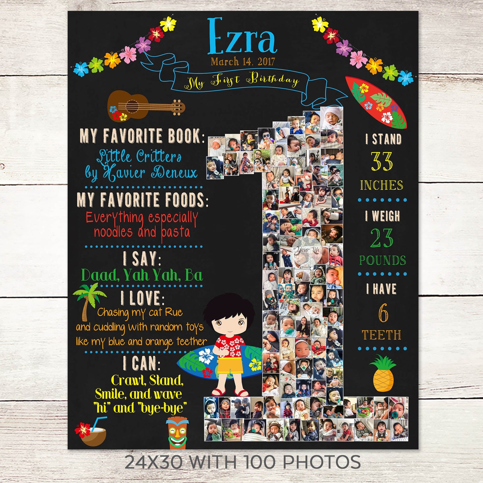 1st Birthday Photo Collage, Luau Party, One-Year Keepsake