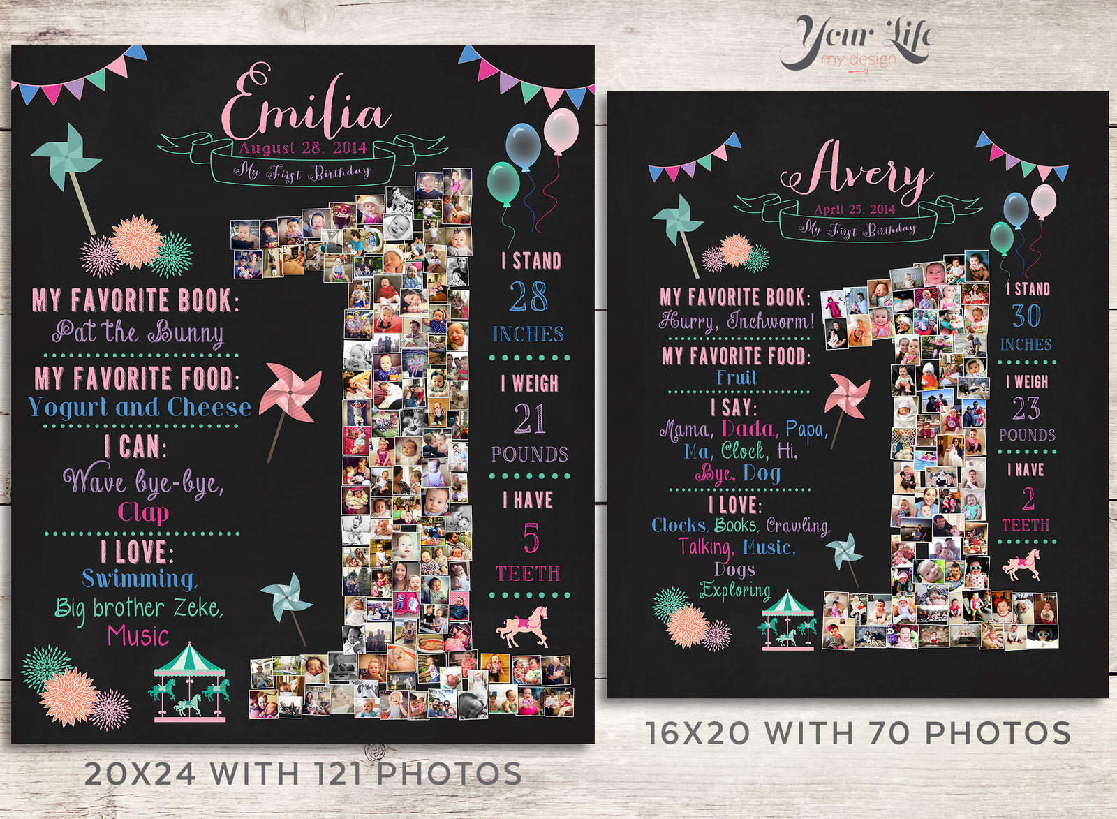 1st Birthday Photo Collage - Carousel & Pinwheels Party, Pink & Green