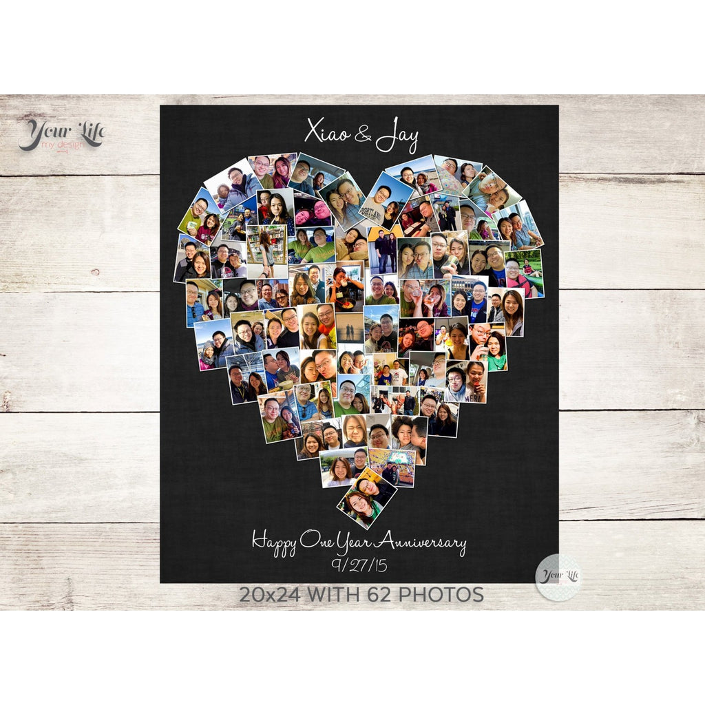 One Year Anniversary Heart Photo Collage, Heart Shape Custom Photo Canvas Prints