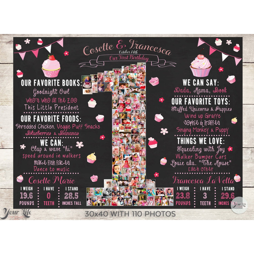 Twins 1st Birthday Photo Collage - Cupcake Theme Party | Photo Canvas Prints