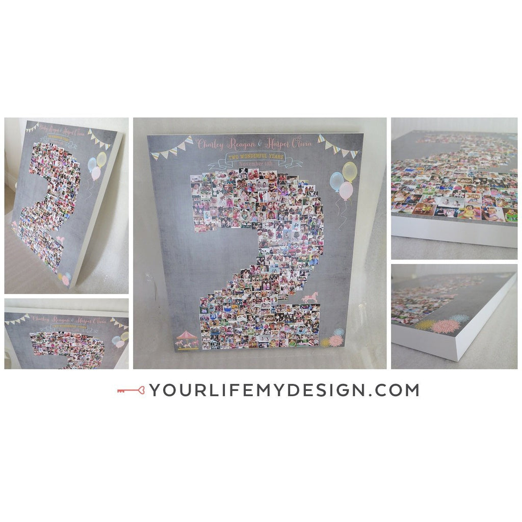 2nd Birthday Photo Collage - Carousel Party, Pink + Grey | Photo Canvas Prints