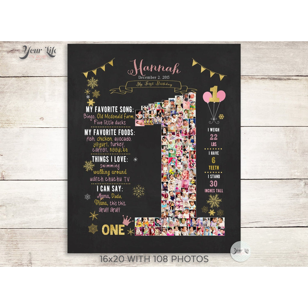 1st Birthday Photo Collage - Winter Onederland Party, Pink & Gold