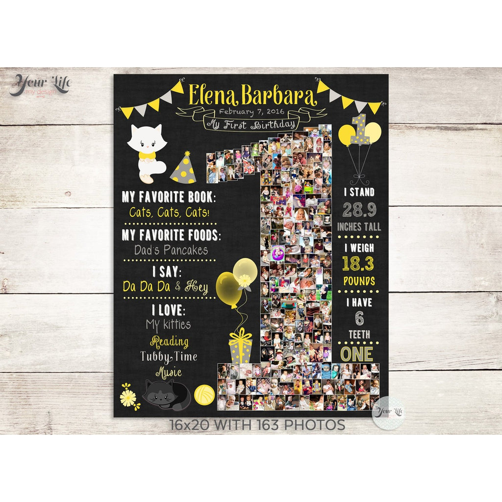 1st Birthday Photo Collage - Cats Party Theme, Yellow & Black