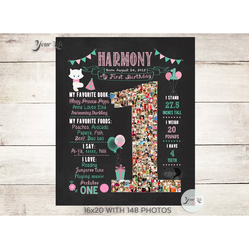 1st Birthday Photo Collage - Cats Party, Pink & Green | Photo Canvas Prints