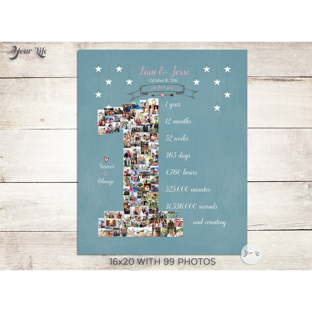 1st Anniversary, Number "1" with 'Hanging Stars' Photo Collage