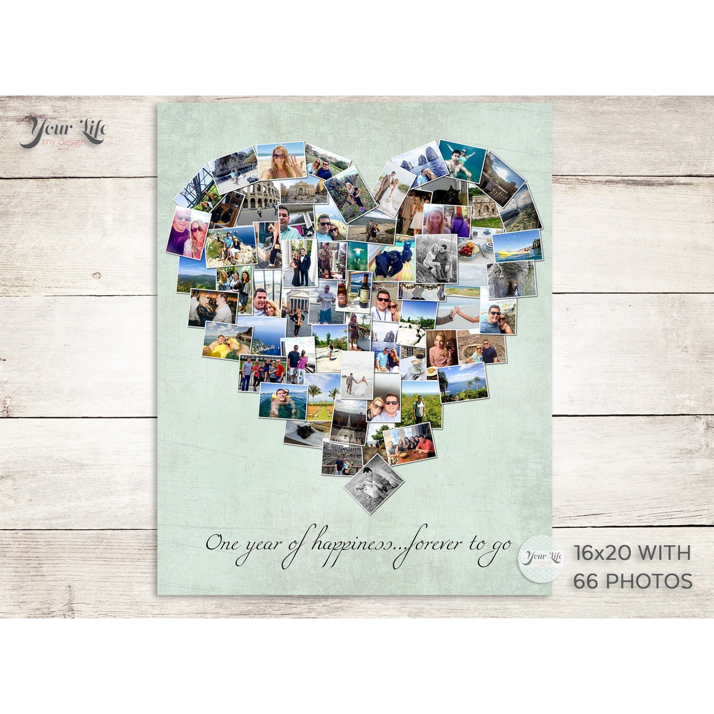 One Year Anniversary Heart Photo Collage, Heart Shape Custom Photo Canvas Prints