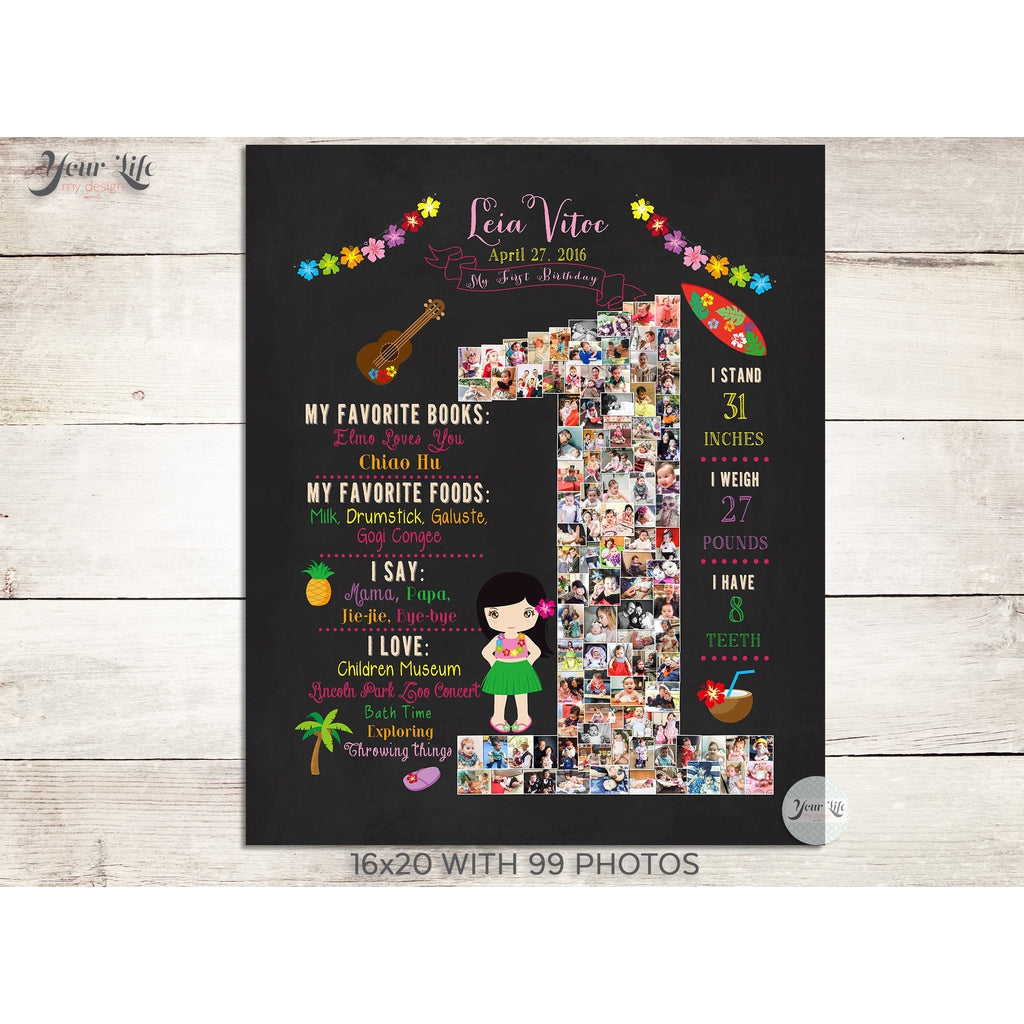 1st Birthday Photo Collage, Luau Party, One-Year Keepsake