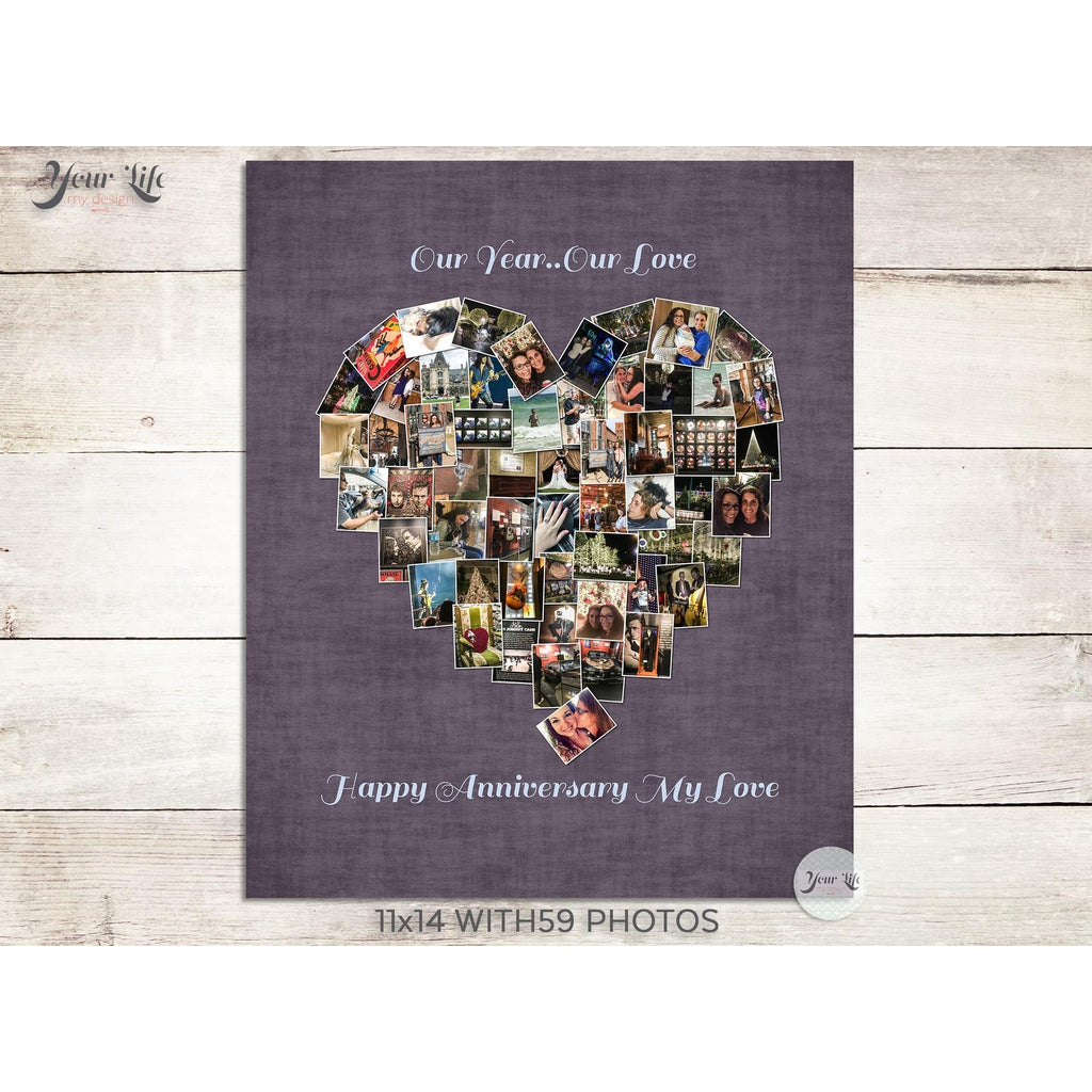 One Year Anniversary Heart Photo Collage, Heart Shape Custom Photo Canvas Prints