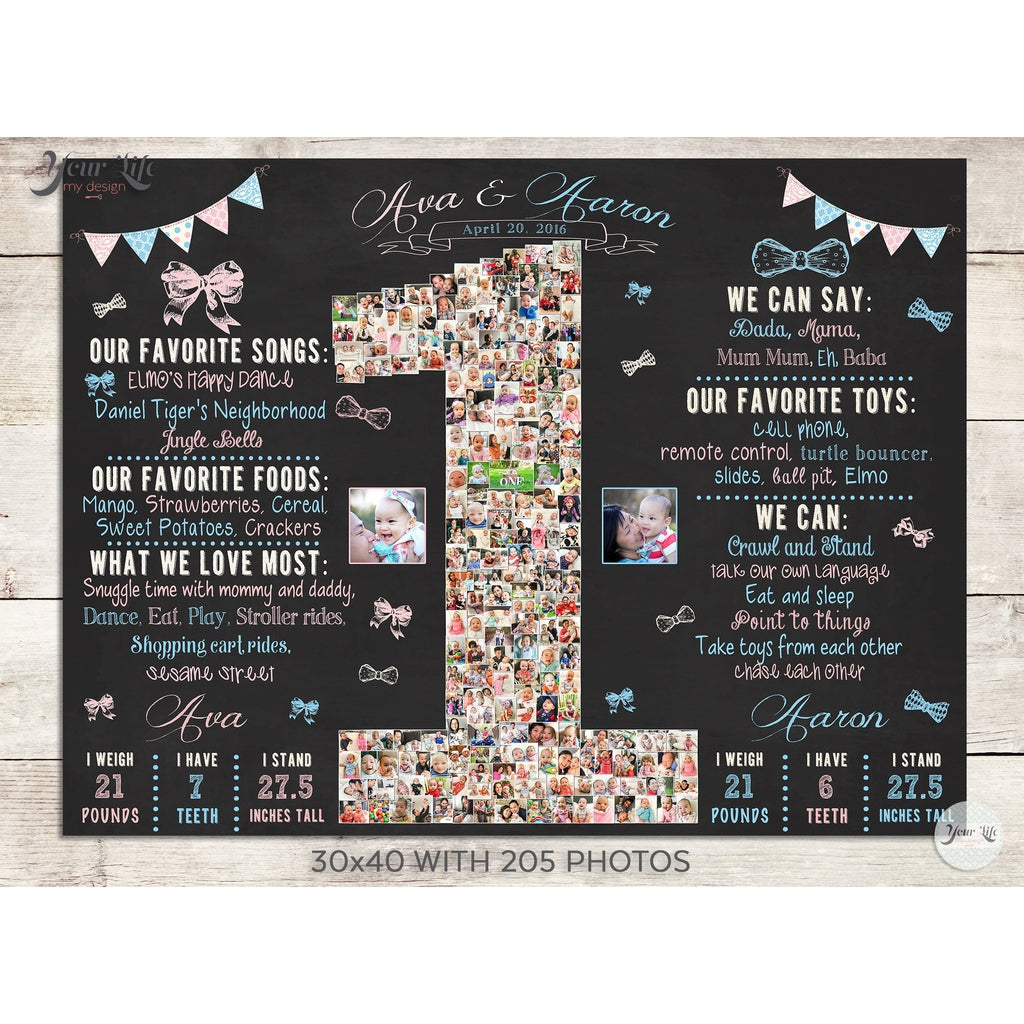 Twins 1st Birthday Photo Collage - Bows and Bowties Party