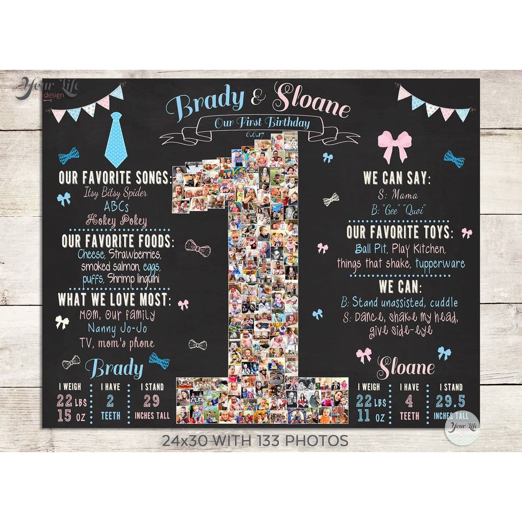 Twins 1st Birthday Photo Collage - Bows and Bowties Party