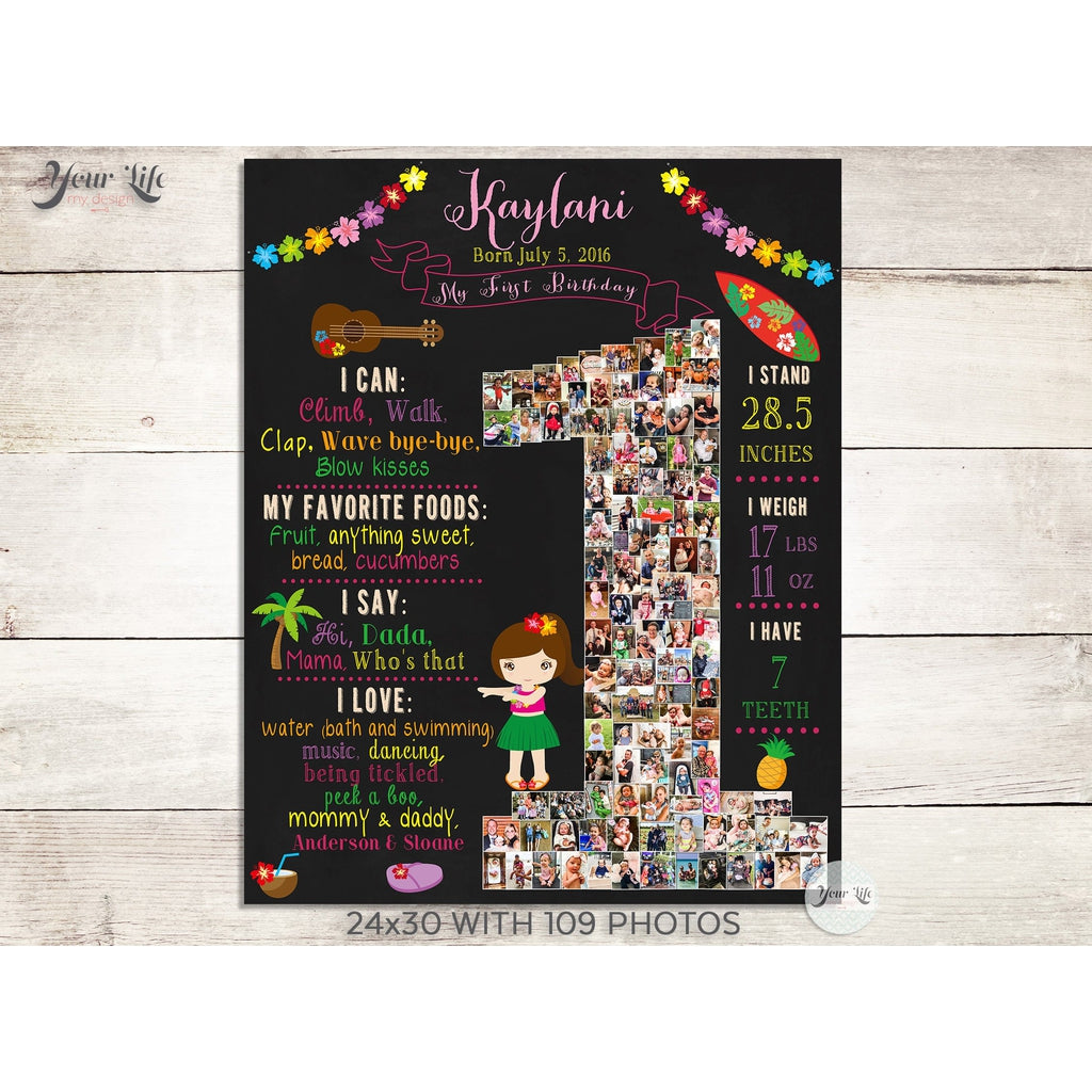 1st Birthday Photo Collage, Luau Party, One-Year Keepsake