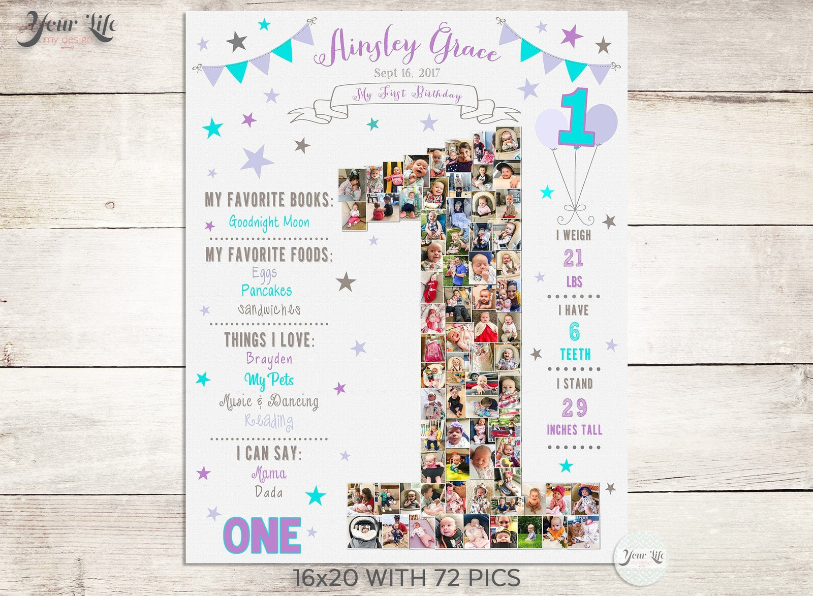 1st Birthday Photo Collage - Twinkle Little Star Party (White, Purple, and Teal)