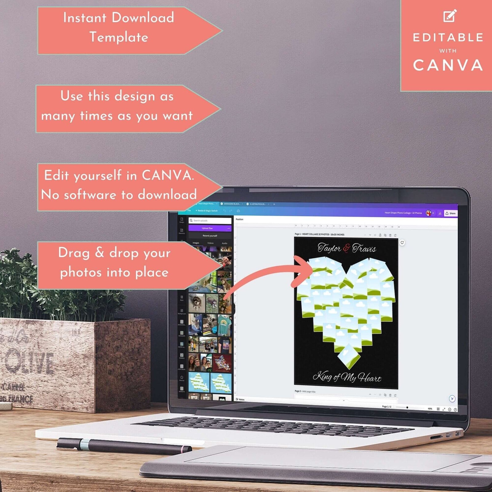 Heart photo collage editable template for canva displayed on laptop screen with photo editing features.