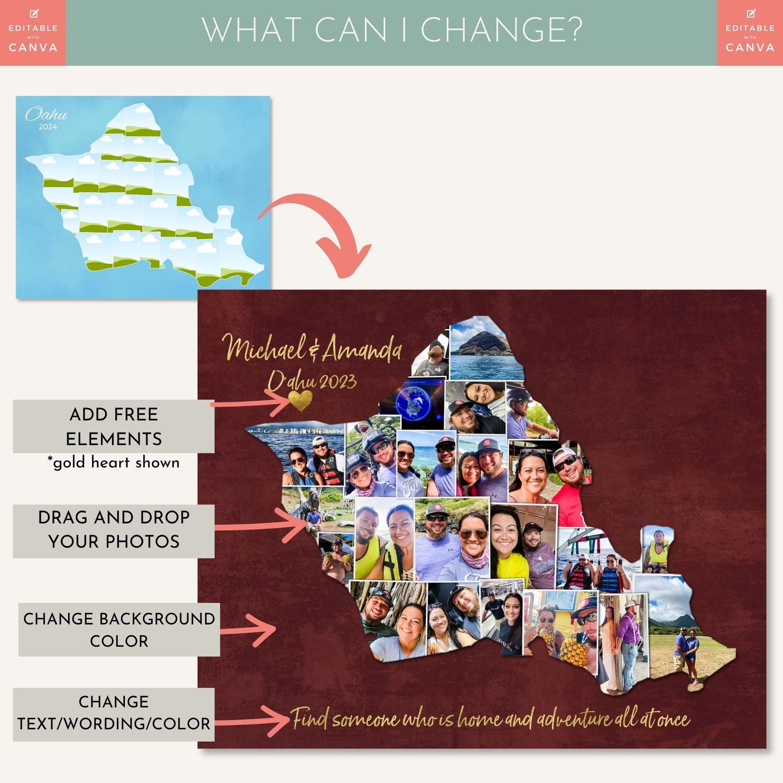 1st Anniversary Photo Collage Editable Canva Template 15 & 55 photos showcasing editing features and customizable design options.
