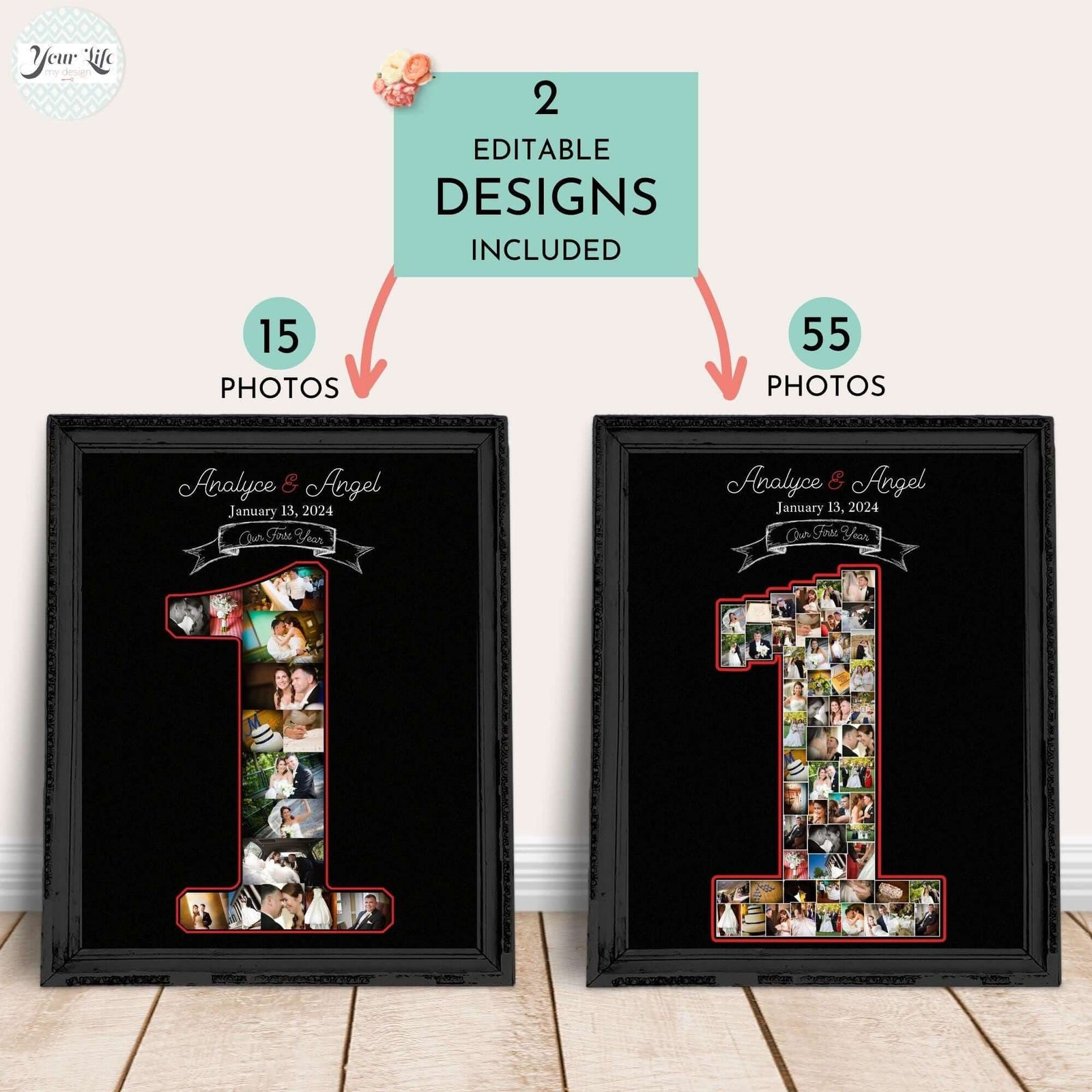 1st Anniversary Photo Collage Editable Canva Template 15 & 55 photos showcasing two editable designs with multiple photo options.