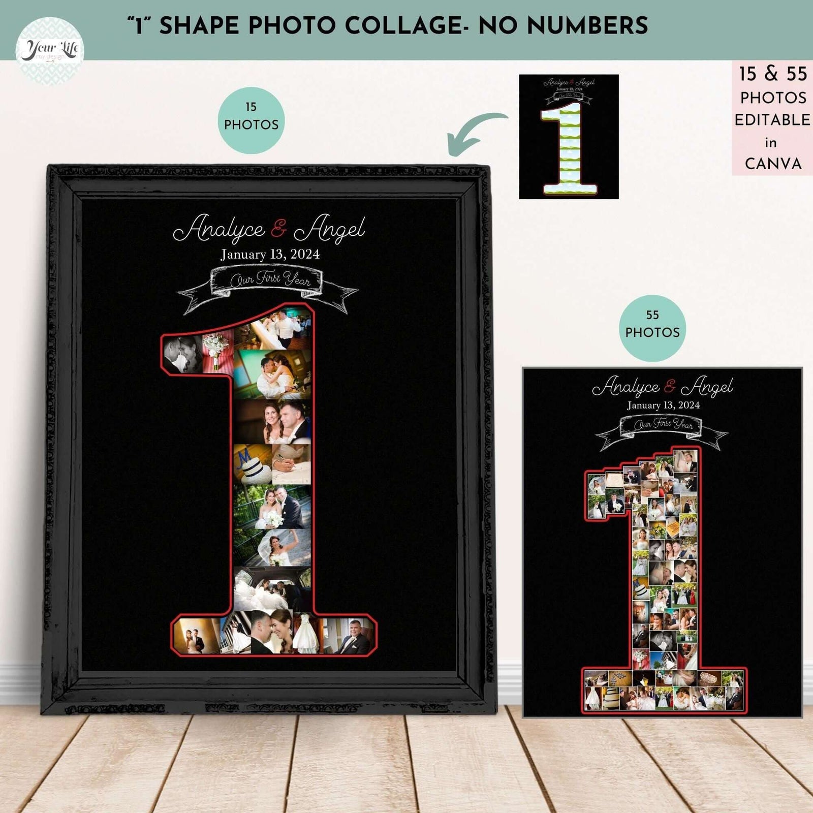 1st Anniversary Photo Collage Editable Canva Template 15 & 55 photos featuring a large '1' shape design.