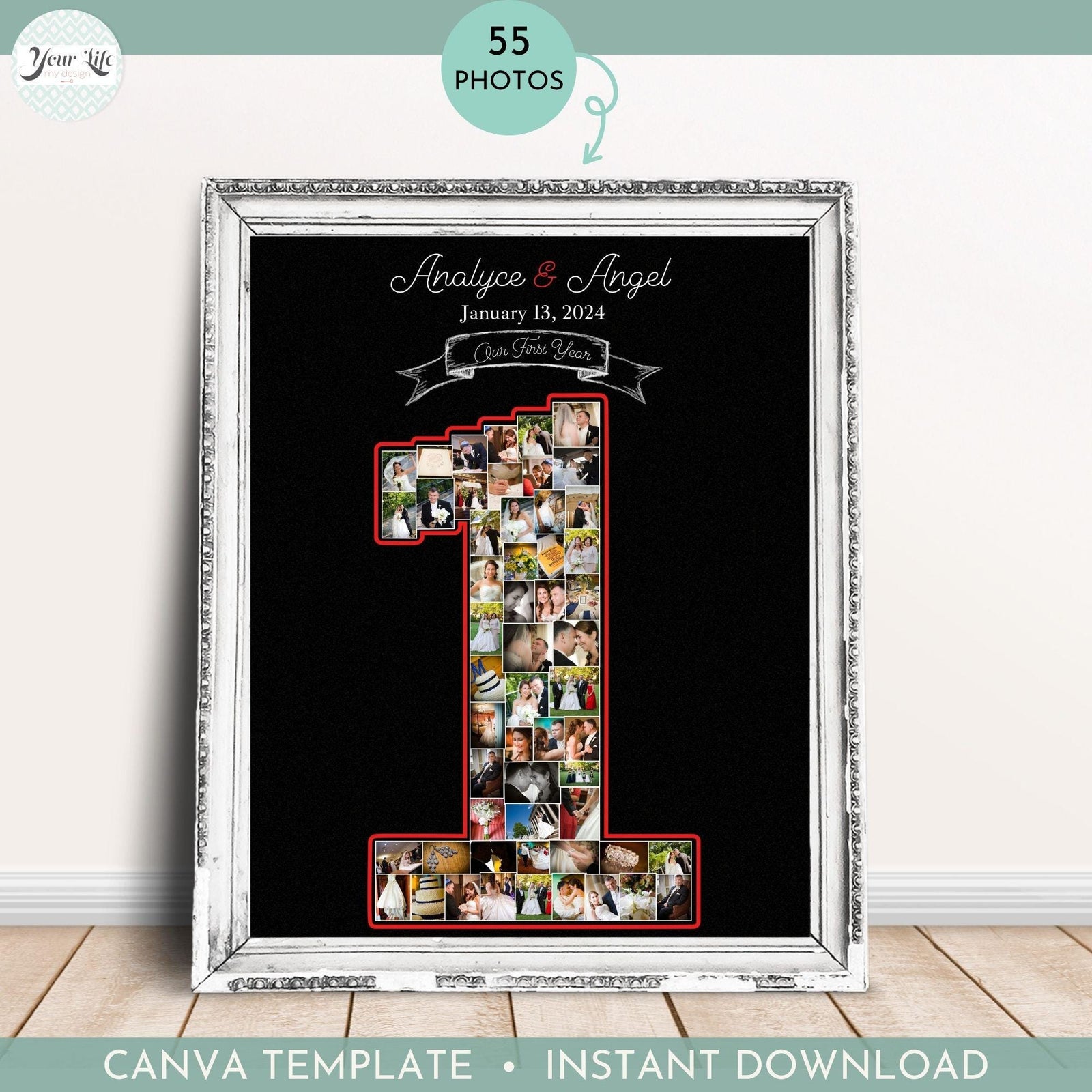1st Anniversary Photo Collage Editable Canva Template 15 & 55 photos with personalized photos and text.