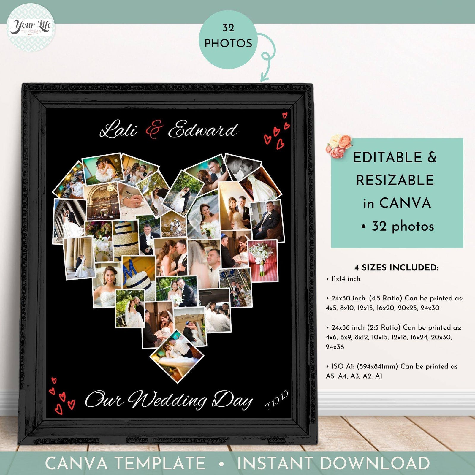 Heart photo collage editable template for canva showcasing 32 photos for wedding memories.