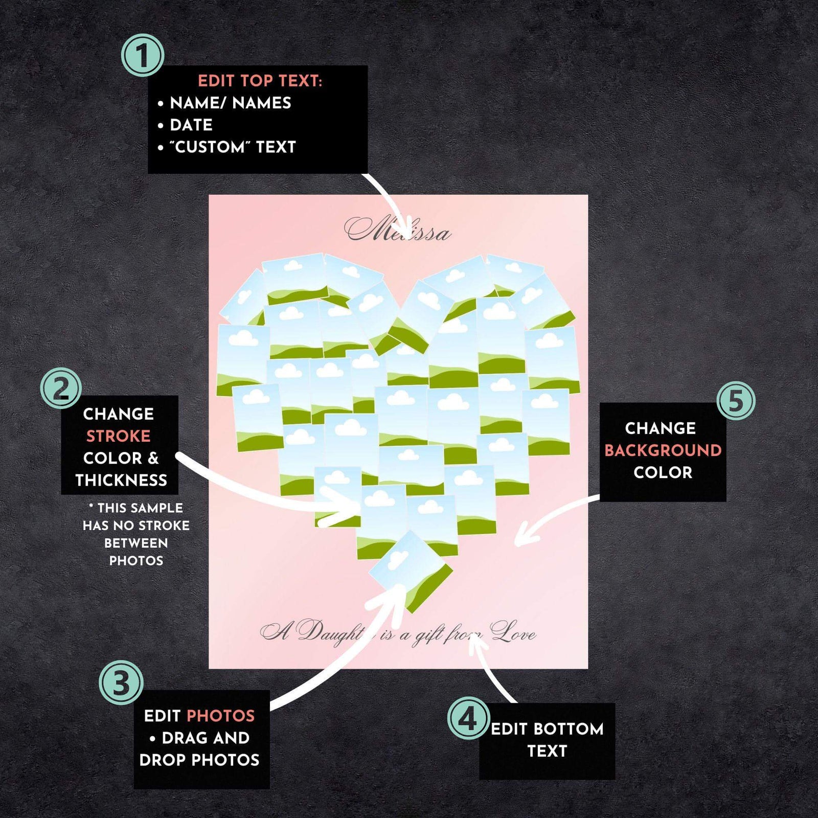 Heart photo collage editable template for canva with customizable features and 32 photo slots.