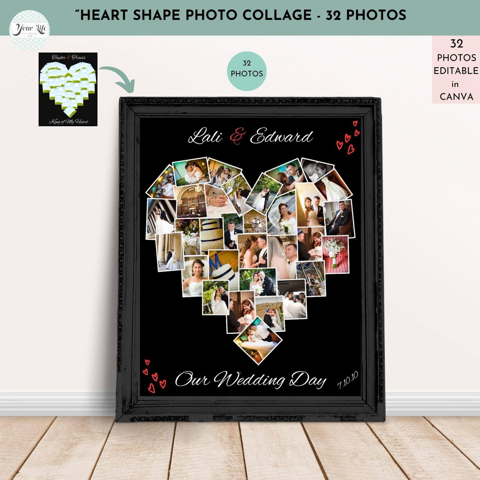 Heart Photo Collage Editable Template for Canva featuring photos of a wedding day, customizable with 32 photo slots.