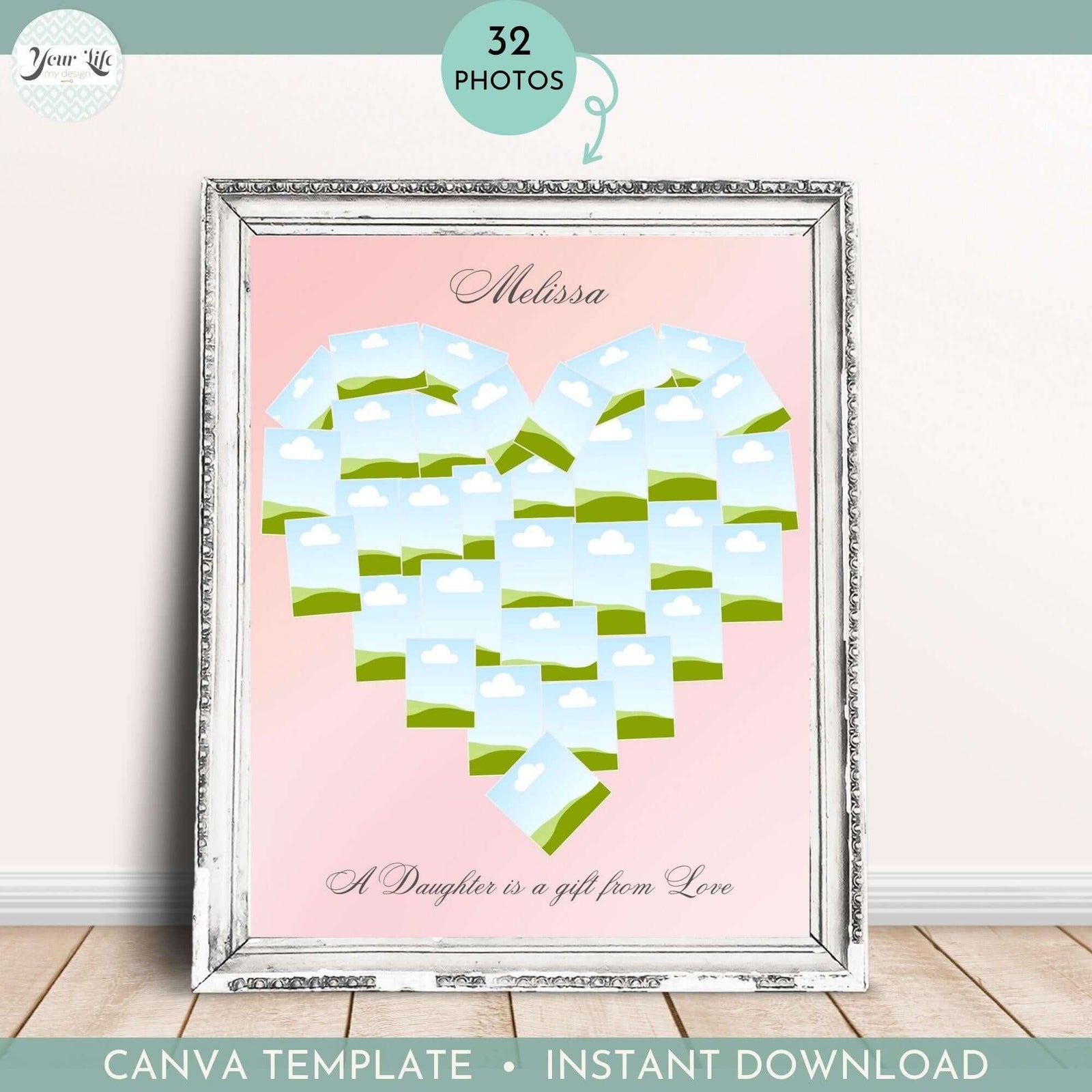 Heart photo collage editable template for canva featuring a colorful design with space for 32 photos.