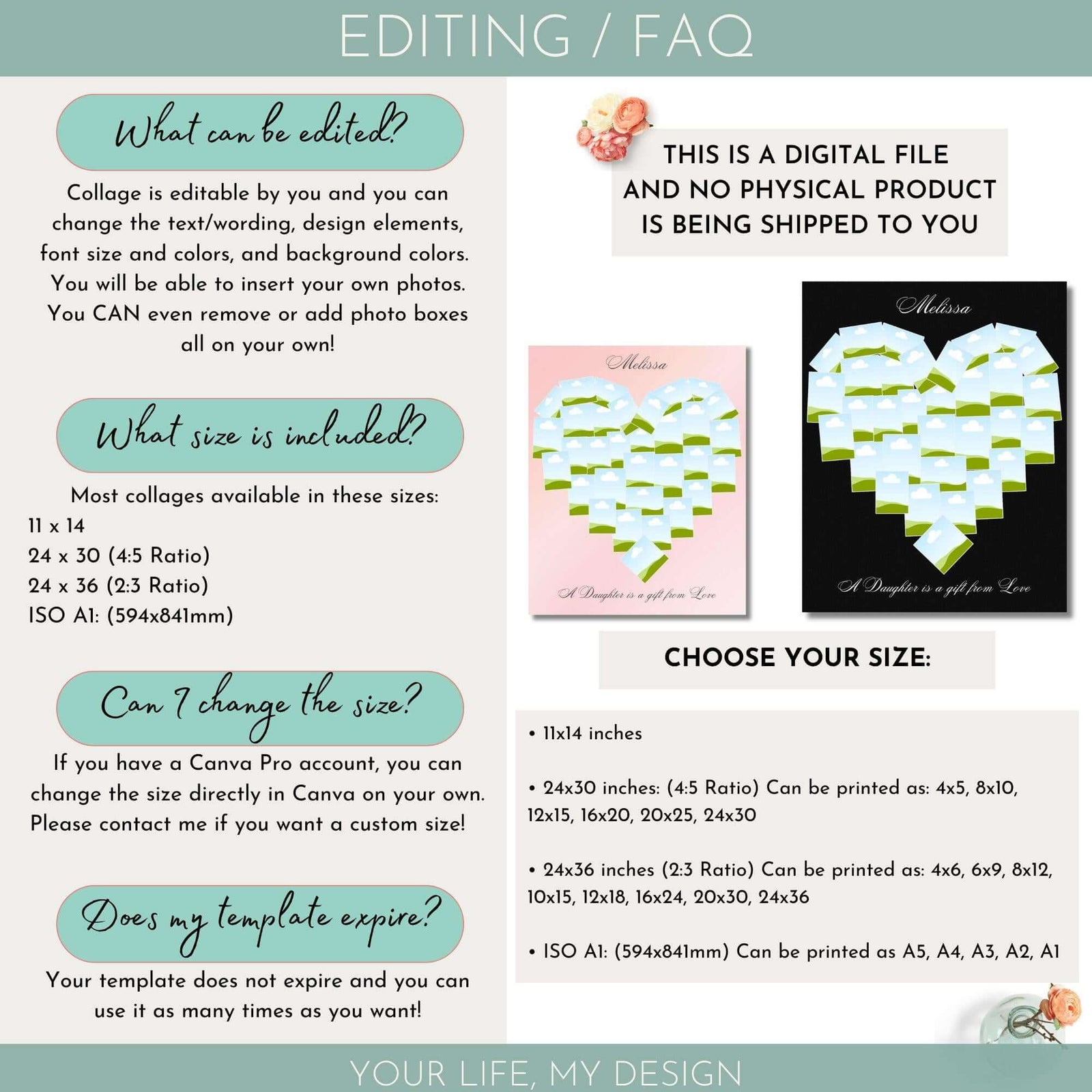Heart photo collage editable template for Canva with FAQs and editing instructions.