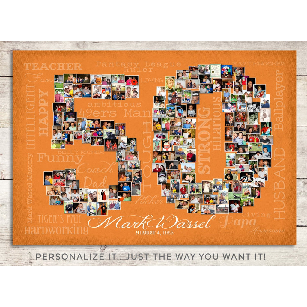 50th Birthday Collage, Personalized 50 Shape, Photo Canvas Prints