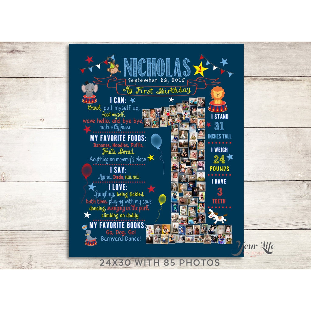 1st Birthday Photo Collage - Circus Party Theme, Blue | Photo Canvas Prints
