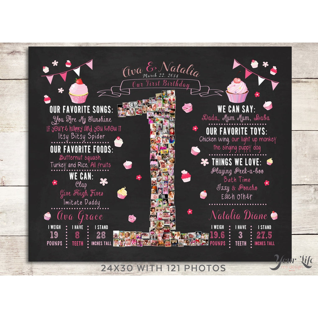 Twins 1st Birthday Photo Collage - Cupcake Theme Party | Photo Canvas Prints