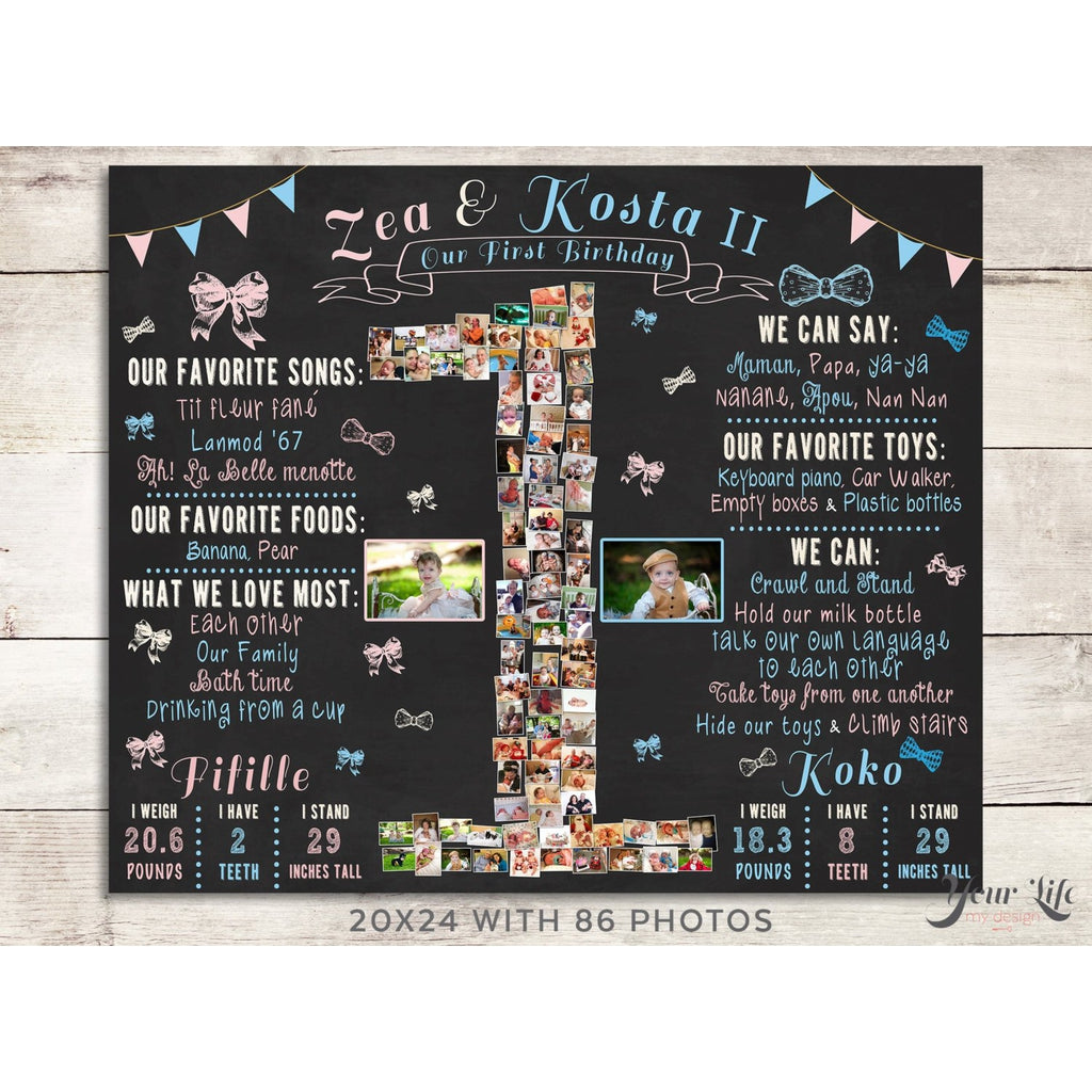 Twins 1st Birthday Photo Collage - Bows and Bowties Party