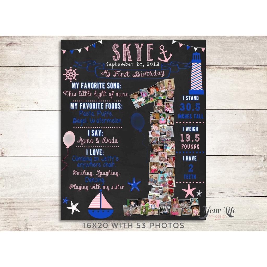 1st Birthday Photo Collage - Nautical Sailboat Party, pink + blue