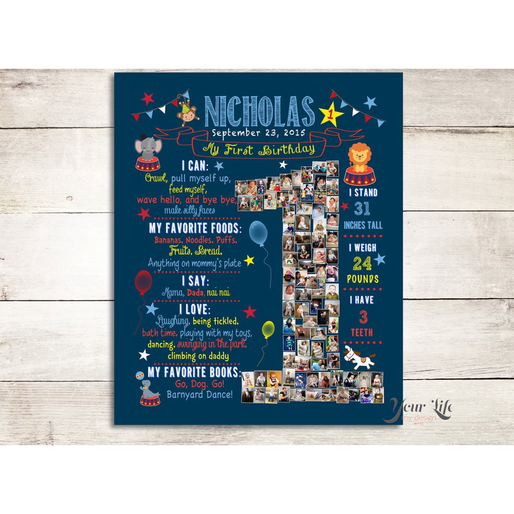 1st Birthday Photo Collage - Circus Party Theme, Blue | Photo Canvas Prints