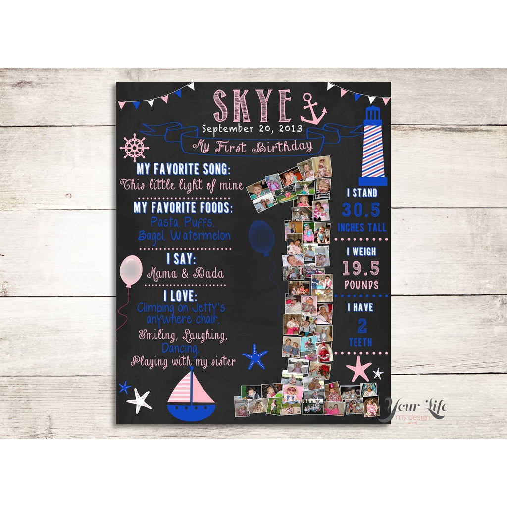 1st Birthday Photo Collage - Nautical Sailboat Party, pink + blue