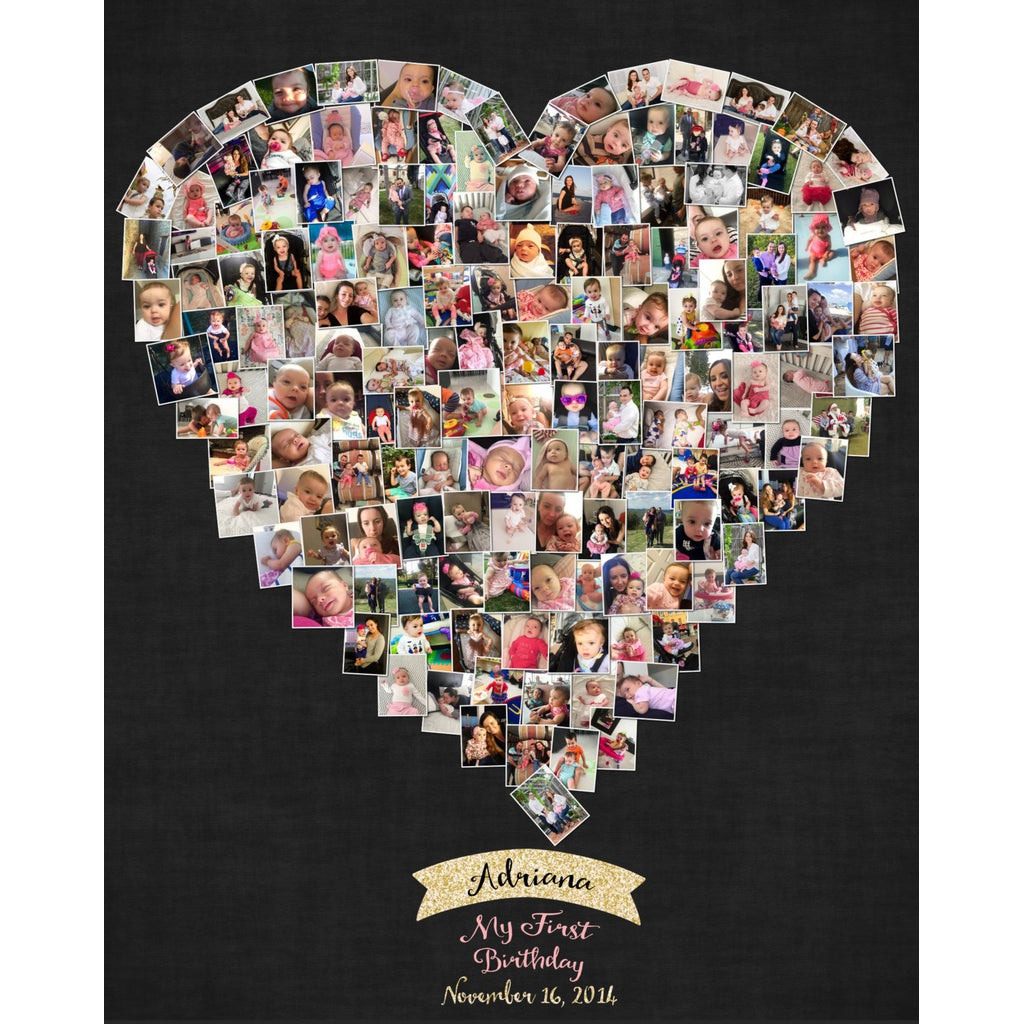 1st Birthday Heart Photo Collage - Heart Shape, Pink & Gold