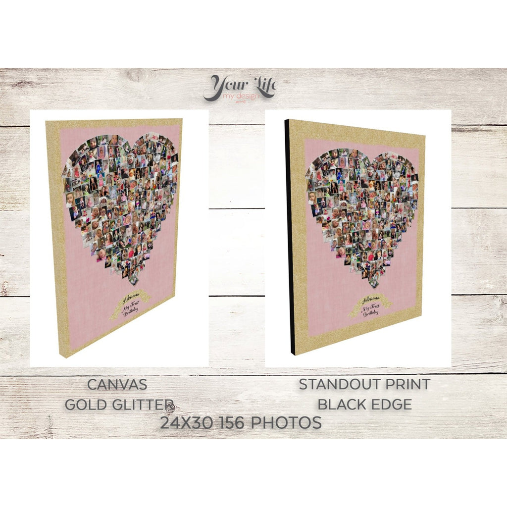 1st Birthday Heart Photo Collage - Heart Shape, Pink & Gold