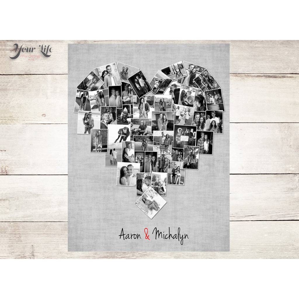 Black & White Heart Photo Collage, Heart Shape Custom Photo Canvas Prints