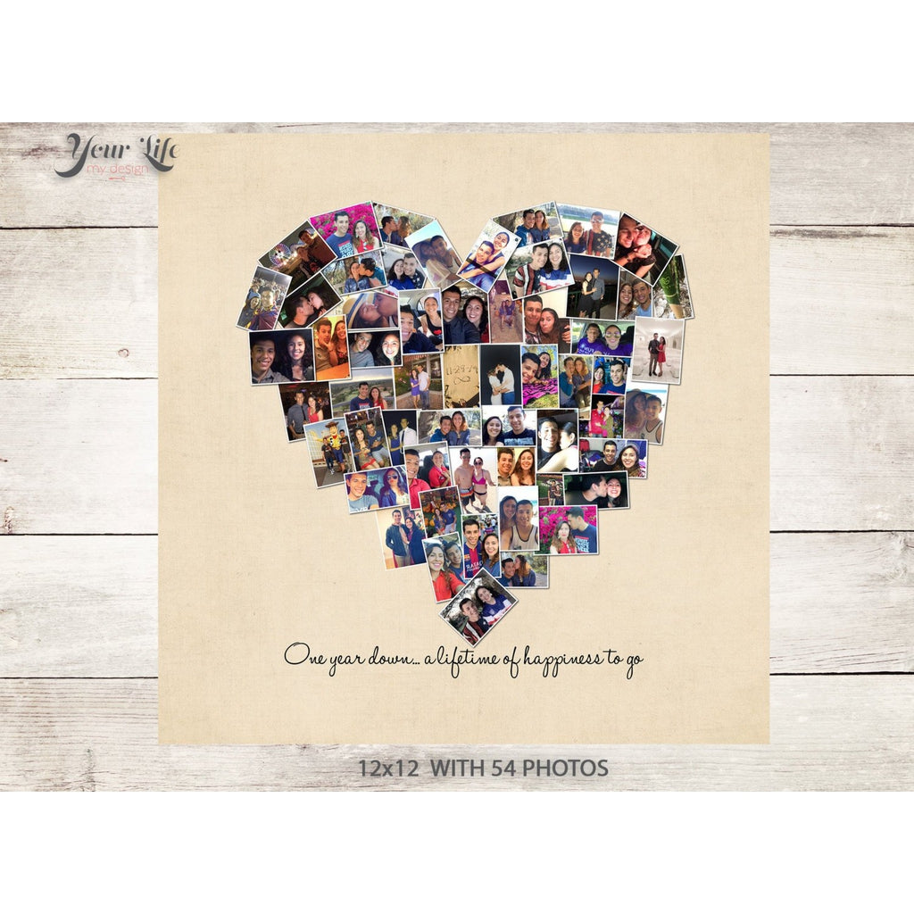 One Year Anniversary Heart Photo Collage, Heart Shape Custom Photo Canvas Prints