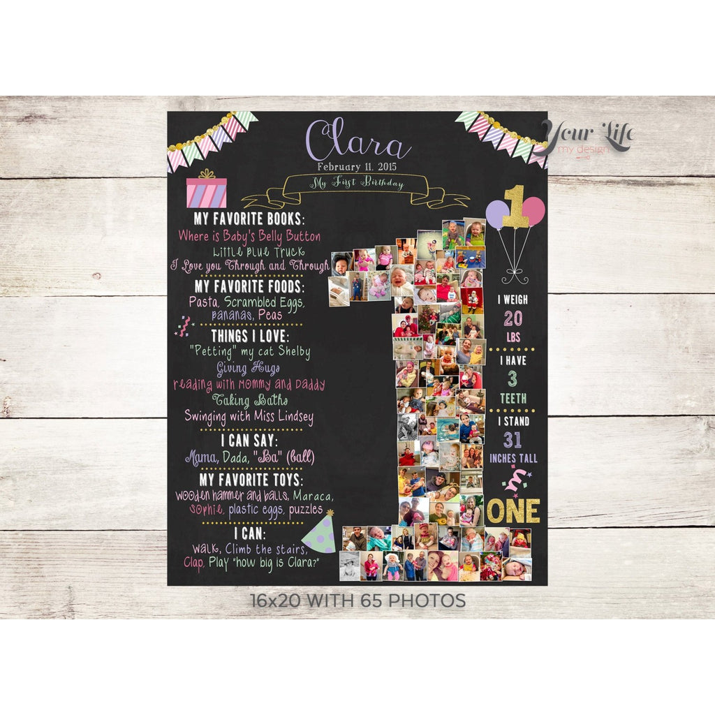 1st Birthday Photo Collage - Balloons Party Theme in Pink, Green, Purple, & Gold