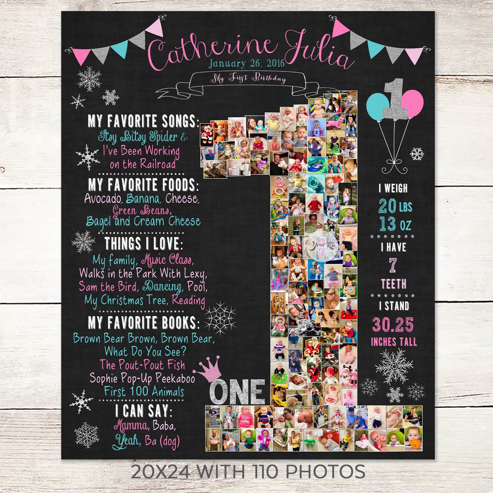1st Birthday Photo Collage - Winter Onederland Party in Pink, Teal, Silver