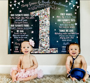 Twins - Pink & Gold Hearts 1st Birthday Photo Collage