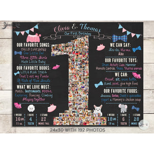 Twins - Tutus and Bowties, Blue & Pink, 1st Birthday Photo Collage