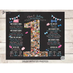 Twins - Tutus and Bowties, Blue & Pink, 1st Birthday Photo Collage