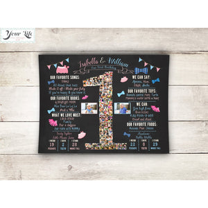 Twins - Tutus and Bowties, Blue & Pink, 1st Birthday Photo Collage