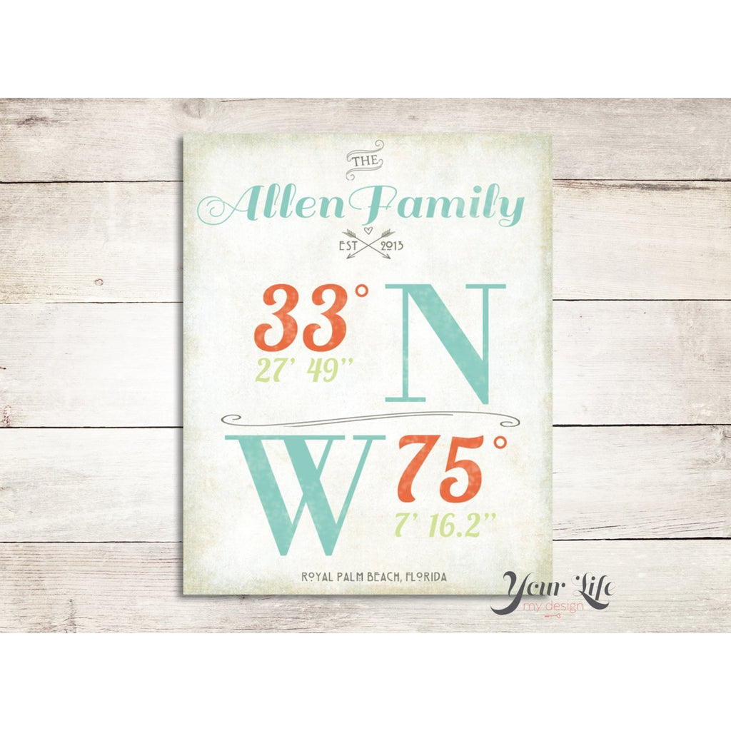 Latitude and Longitude Coordinates of Your Home Address or Favorite Spot - Custom Art Print